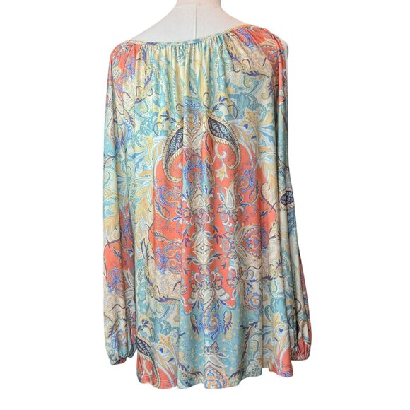Boston Proper Boho Paisley Off Shoulder Peasant Blouse L Long Sleeve Tie Strap - Picture 3 of 7